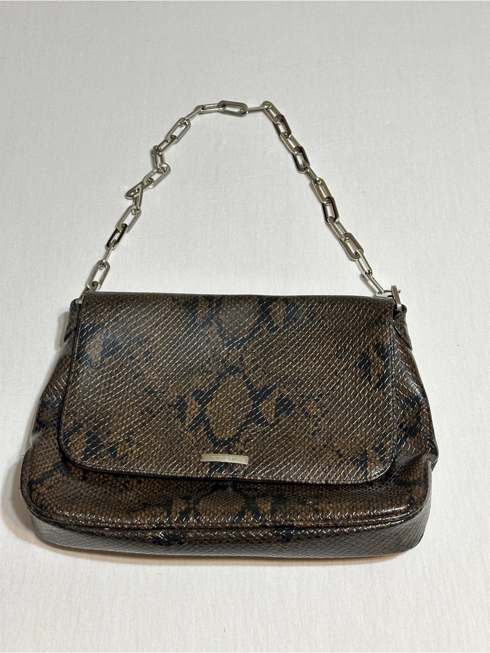 Nine West Brown Snake-Print Shoulder Bag with Silver Chain